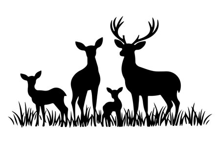 Deer family silhouettes in the meadow. Vector illustration.のイラスト素材
