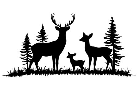 Silhouette of deer family in the forest. Vector illustration.のイラスト素材