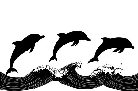 Dolphins on the waves. Vector illustration in black and white.のイラスト素材