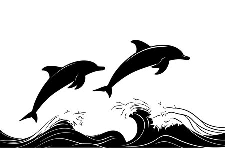 Dolphins jumping out of the water. Black and white vector illustration.のイラスト素材