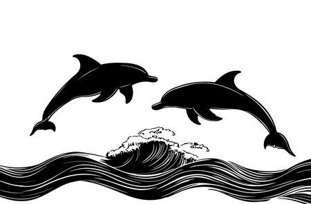 Dolphins on the sea. Black and white vector illustration isolated on white backgroundのイラスト素材