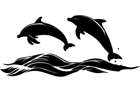 Dolphins jumping out of the water. Black and white vector illustration.のイラスト素材