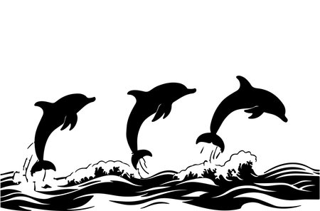 Dolphins jumping out of the water, black and white vector illustrationのイラスト素材