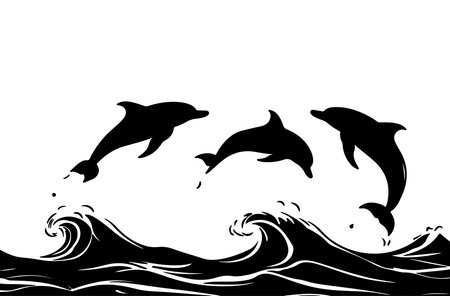 Dolphins jumping out of the water. Black and white vector illustration.のイラスト素材