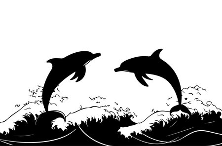 Dolphins jumping in the sea. Black and white vector illustration.のイラスト素材