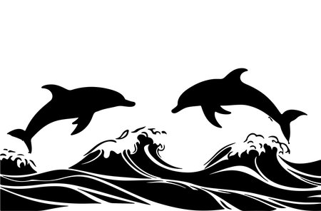 Dolphins jumping out of the water. Black and white vector illustration.のイラスト素材