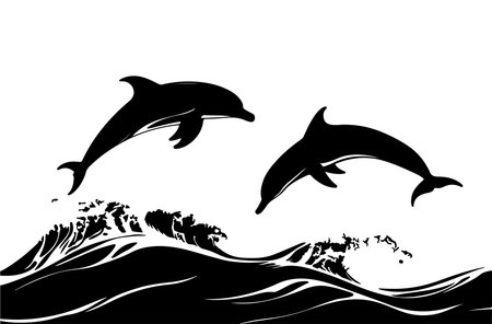 Dolphins on the background of the sea. Vector illustration in black and white colorsのイラスト素材