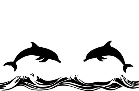 Dolphins jumping out of the water, black and white vector illustrationのイラスト素材