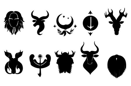 set of black silhouettes of animals and symbols on a white backgroundのイラスト素材