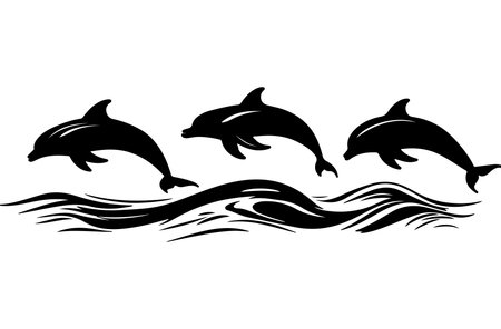 Dolphins jumping out of the water. Black and white vector illustration.のイラスト素材