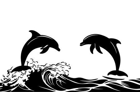 Dolphins jumping out of the water. Vector illustration in black and white.のイラスト素材