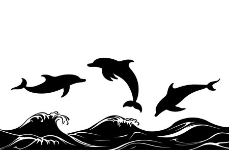 Dolphins on the waves. Black silhouettes on a white background.のイラスト素材