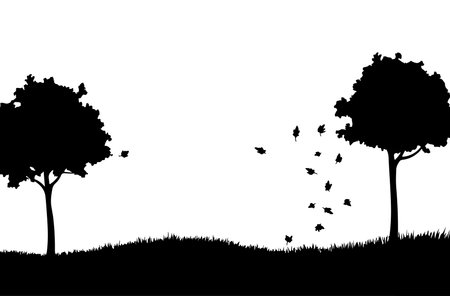 Silhouette of trees and birds on white background, vector illustrationのイラスト素材
