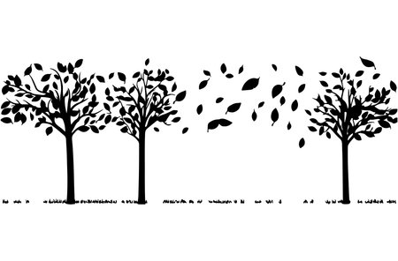 Silhouettes of trees and leaves. Black and white vector illustration.のイラスト素材