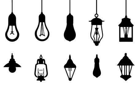 Set of silhouettes of lanterns and lamps. Vector illustration.のイラスト素材