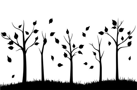 Silhouettes of trees and grass on white background. Vector illustration.のイラスト素材
