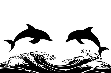 Dolphins jumping in the waves. Black and white vector illustration.のイラスト素材