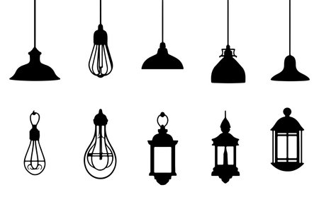 Set of hanging lamps silhouettes. Vector illustration isolated on white background.のイラスト素材