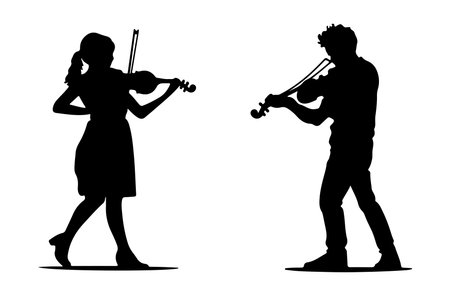 Silhouette of a man and a woman playing violin on white backgroundのイラスト素材