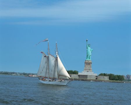 Statue of Liberty with Sailboatの写真素材