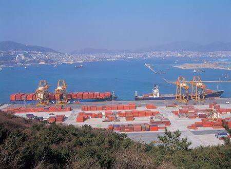 Container with shipsの写真素材