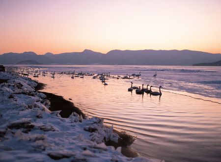 Snow Hills with Pondの写真素材