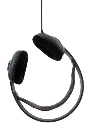 Head phones hangs upside down. Clipping path included.の写真素材