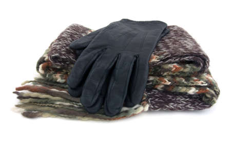 A scarf made of woolen cloth and black gloves.の写真素材