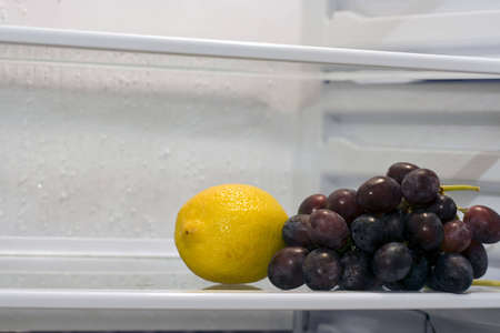 A lemon and grape inside fridge, sitting alone on the shelf. Copyspace provided.の写真素材