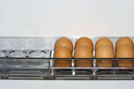 Group of eggs inside fridge, sitting alone on the shelf. Copyspace provided.の写真素材
