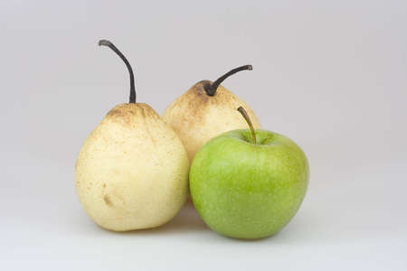 Green apple and yellow chinese pears on grey background.の写真素材