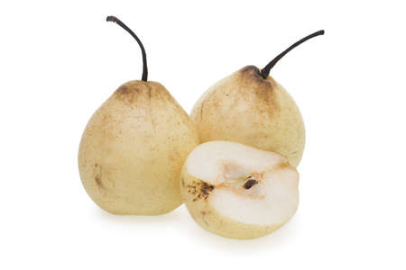 Three yellow chinese pears isolated on white background.の写真素材