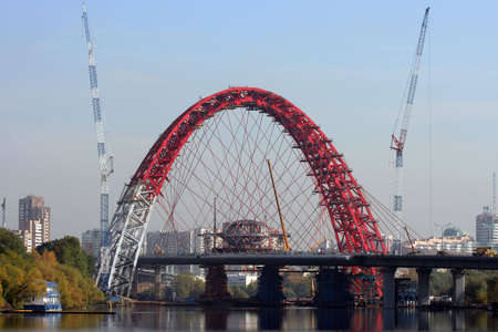 Building site of suspension bridge over river in urban scenic.の写真素材