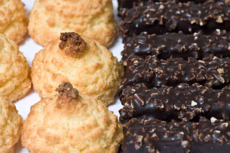 Background view of coconut cookies and chocolate waffles.の写真素材