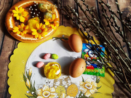 on the base table and Easter decoration, Easter eggs and eggsの写真素材