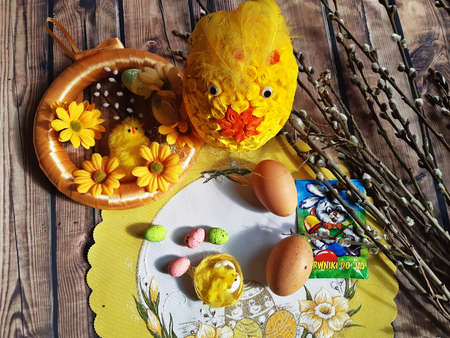 on the base table and an Easter decoration, Easter eggs and eggs, a holiday pictureの写真素材