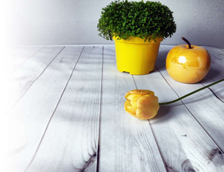 on the table there is a yellow tulip, a yellow apple and a flower in a yellow potの写真素材