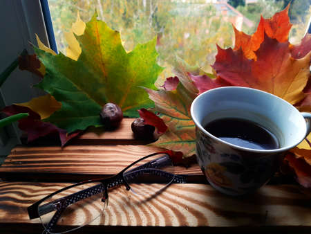 cup of coffee and autumn leavesの写真素材