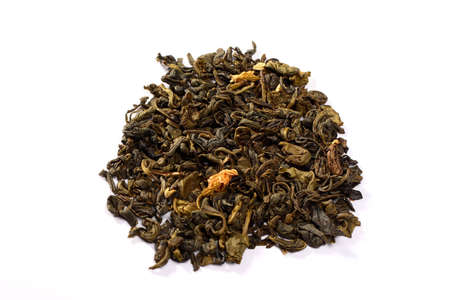 heap of tea leaf on whiteの写真素材