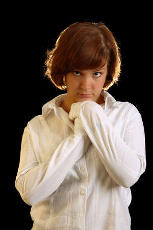 young. sorrowful girl look at camera