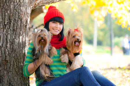 girl holds two small dog in handsの写真素材
