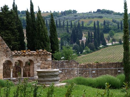 Sant Antimo Abbey near Montalcino in Tuscany, Italyの写真素材