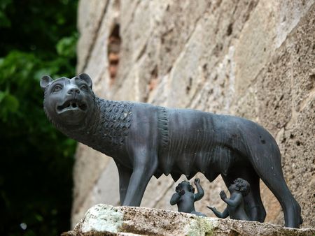 a she-wolf suckling the infants Romulus and Remus. Chiusi, Tuscanyの写真素材