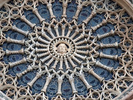 Closeup view of rose window, exterior facade of Orvieto Duomo, Umbria, Italy の写真素材