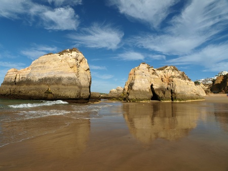 Colorful rock cliffs of the Algarve in Portugalの写真素材