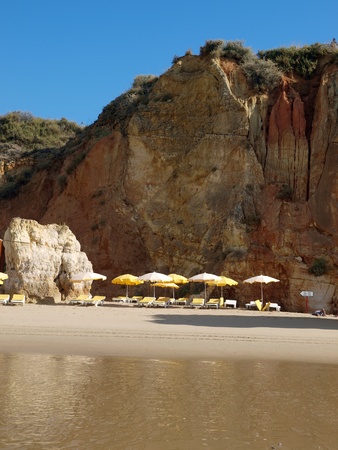 Colorful rock cliffs of the Algarve in Portugalの写真素材