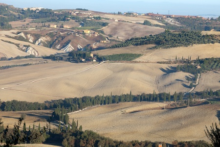The hills around Pienza and Monticchiello  just after sunrise. Tuscany, Italy.
