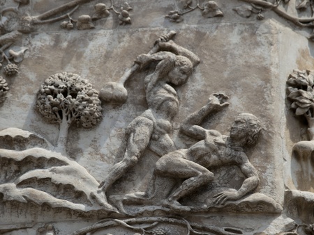 Orvieto - Duomo facade. The first pillar: scenes from Genesis.Kaim kills Abelのeditorial素材