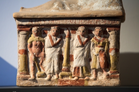 Ancient etruscan art. Painted terracotta cienrary  urns. Sarcophagus of Chiusi, Tuscany. のeditorial素材