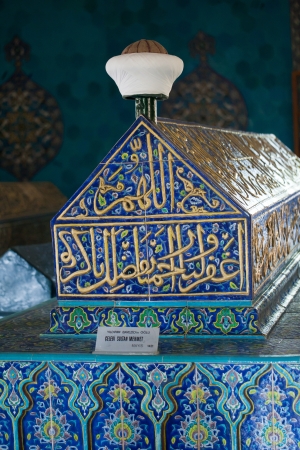 Interior of Green Mausoleum in Bursa with The sarcophagus of Sultan Mehmet I decorated with floral designs and calligraphic inscriptionのeditorial素材